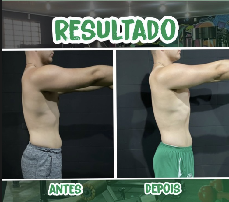 Comparação de antes e depois de um aluno da Sprint, fotografado de perfil com os braços estendidos